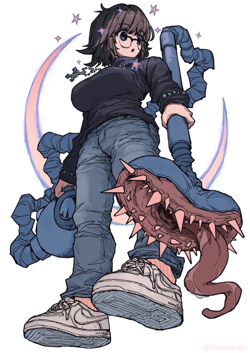 1girl :o bead_bracelet beads black_eyes black_sweater blinky_(hunter_x_hunter) bracelet breasts brown_hair denim from_below full_body glasses highres holding holding_weapon hunter_x_hunter jeans jewelry large_breasts long_tongue looking_to_the_side masaartjv medium_hair monster nike_air_force_1 open_mouth pants rectangular_eyewear shizuku_murasaki shoes simple_background sneakers solo star_(symbol) sweater tongue turtleneck turtleneck_sweater vacuum_cleaner weapon white_background white_shoes