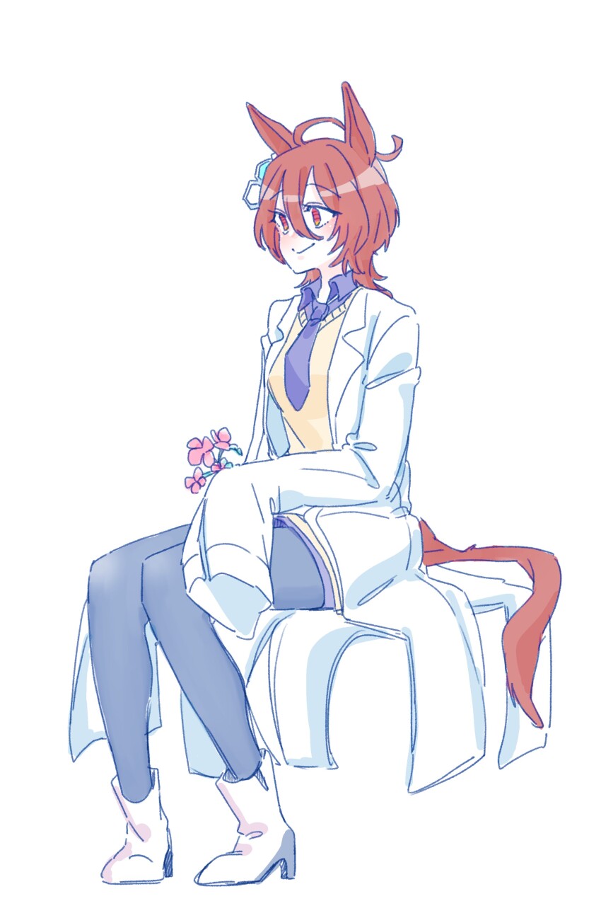 1girl absurdres agnes_tachyon_(umamusume) animal_ears black_necktie black_pantyhose black_shirt blush boots brown_eyes brown_hair closed_mouth collared_shirt flower full_body hair_between_eyes high_heel_boots high_heels highres holding holding_flower horse_ears horse_girl horse_tail lab_coat long_sleeves necktie open_clothes pantyhose pink_flower seila_rei shirt simple_background sitting sleeves_past_fingers sleeves_past_wrists smile solo tail umamusume white_background white_boots