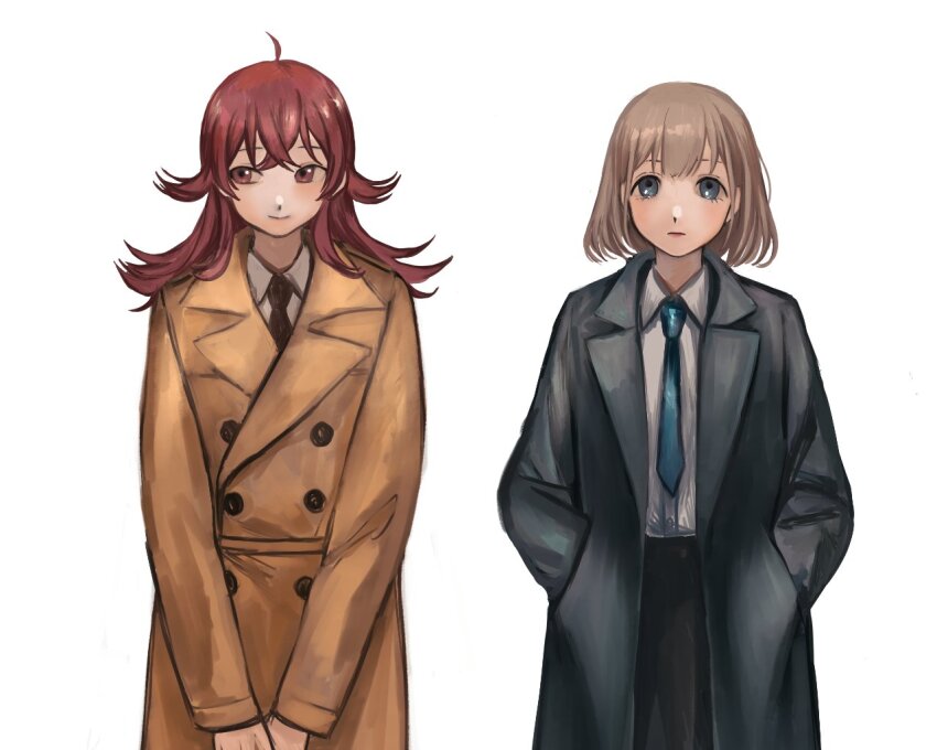 2girls ahoge alternate_costume black_coat black_pants blue_eyes blue_necktie blush brown_coat brown_hair buttons closed_mouth coat cowboy_shot double-breasted flipped_hair hands_in_pockets idolmaster idolmaster_shiny_colors komiya_kaho lapels long_hair long_sleeves looking_at_viewer looking_to_the_side multiple_girls necktie pants red_eyes red_hair red_lips serizawa_asahi shirt side-by-side simple_background smile standing trench_coat v_arms white_background white_shirt yamaichi_(yama3ichi4)
