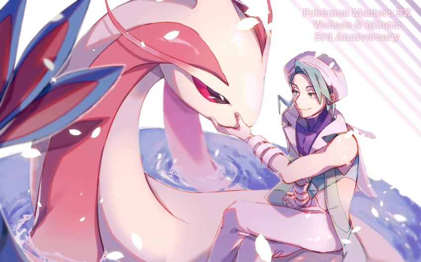 1boy anniversary bangle bracelet closed_mouth commentary_request crossed_legs gen_3_pokemon green_eyes green_hair green_scarf hand_up hat highres jewelry kado_51 male_focus milotic nintendo pants pokemon pokemon_masters_ex pokemon_oras purple_shirt riding riding_pokemon scarf see-through_scarf shirt short_hair sitting smile vest wallace_(pokemon) water white_hat white_vest
