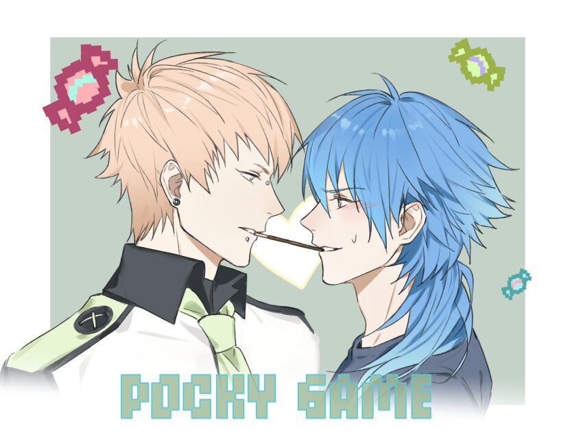 2boys black_shirt blonde_hair blue_hair blush border bridge_piercing brown_eyes candy collared_jacket commentary crew_neck dramatical_murder earrings english_commentary english_text eye_contact face-to-face food food_in_mouth green_necktie highres jacket jewelry kurosaku labret_piercing long_hair looking_at_another male_focus multiple_boys necktie noiz_(dramatical_murder) parted_lips piercing pocky pocky_kiss profile seragaki_aoba shared_food shirt short_hair stud_earrings t-shirt teeth upper_body white_border wing_collar yaoi