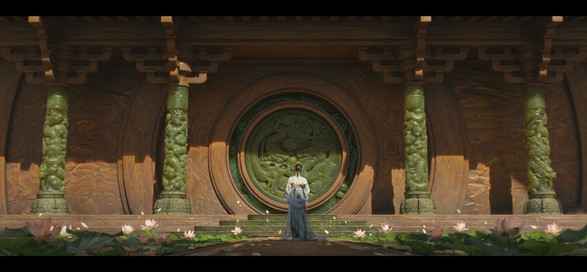 1girl 3d absurdres architecture black_hair blender_(medium) chinese_clothes commentary dress east_asian_architecture english_commentary flower from_behind gate green_dress hair_ribbon hanfu highres jade_(gemstone) letterboxed lily_pad long_hair lotus original outdoors petals photoshop_(medium) pillar ponytail qixiong_ruqun red_ribbon red_sash ribbon robin_tran sash scenery shadow solo standing