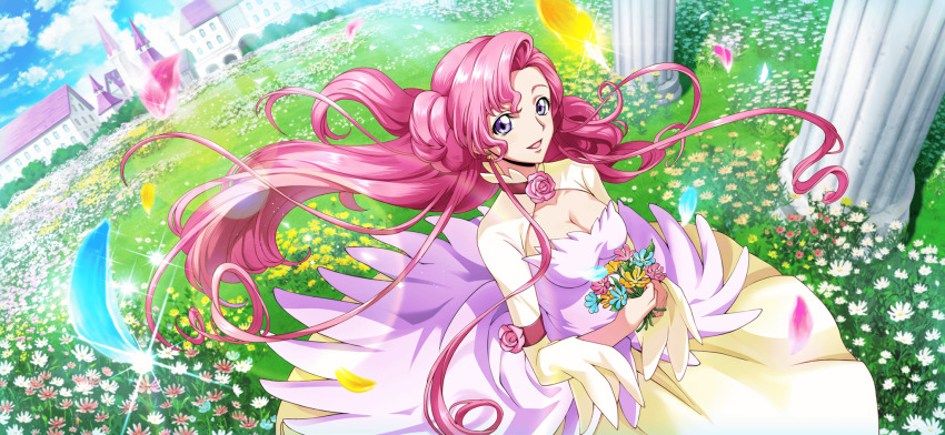 1girl armband artist_request blue_flower blue_sky breasts castle cleavage cleavage_cutout clothing_cutout cloud code_geass code_geass:_lost_stories day dress earrings euphemia_li_britannia falling_petals female_focus field fisheye flower flower_field from_above game_cg grass happy highres holding holding_flower jewelry long_dress long_hair long_sleeves looking_at_viewer medium_breasts neck_flower non-web_source official_art open_mouth orange_flower outdoors own_hands_together petals pink_dress pink_flower pink_hair pink_rose purple_eyes red_flower rose sidelocks sky smile solo sparkle standing two-tone_dress very_long_hair wide_sleeves wind