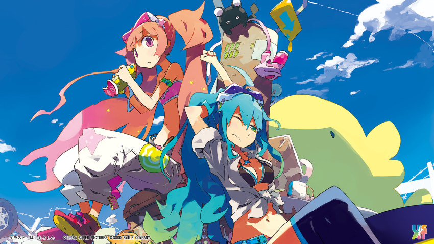 2girls aqua_hair artist_name bikini blue_hair blue_sky cloud company_name day end_card gradient_hair green_eyes hashimoto_shin highres long_hair multicolored_hair multiple_girls one_eye_closed pink_eyes red_hair shirt sitting sky stretching sumako_(ultra_super_anime_time) supika_(ultra_super_anime_time) swimsuit tied_shirt ultra_super_anime_time