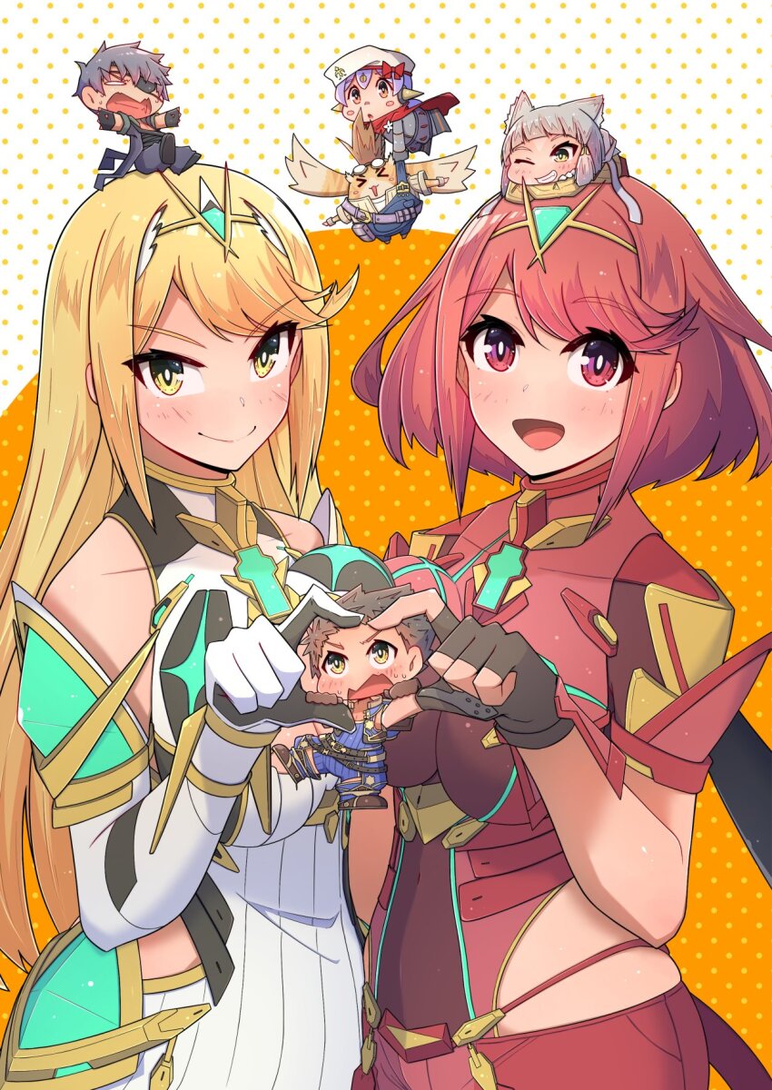 3boys 4girls breasts chibi highres large_breasts multiple_boys multiple_girls mythra_(xenoblade) nia_(xenoblade) osora_(judithandlilith) poppi_(xenoblade) poppi_alpha_(xenoblade) pyra_(xenoblade) rex_(xenoblade) xenoblade_chronicles_(series) xenoblade_chronicles_2 zeke_von_genbu_(xenoblade)