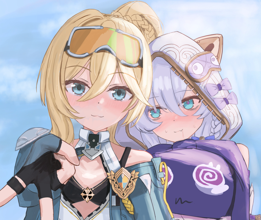 2girls :3 absurdres blonde_hair blue_eyes blue_sky closed_mouth cloud cloudy_sky doll durandal_(honkai_impact) durandal_(reign_solaris)_(honkai_impact) eye_mask fingerless_gloves gloves goggles goggles_on_head green_gloves green_jacket highres honkai_(series) honkai_impact_3rd hugging_object jacket long_hair looking_at_viewer masita_(kcsf3528) meme multiple_girls outdoors ponytail sky smile teri_derp_(meme) theresa_apocalypse theresa_apocalypse_(schicksal&#039;s_imperative) upper_body v white_hair