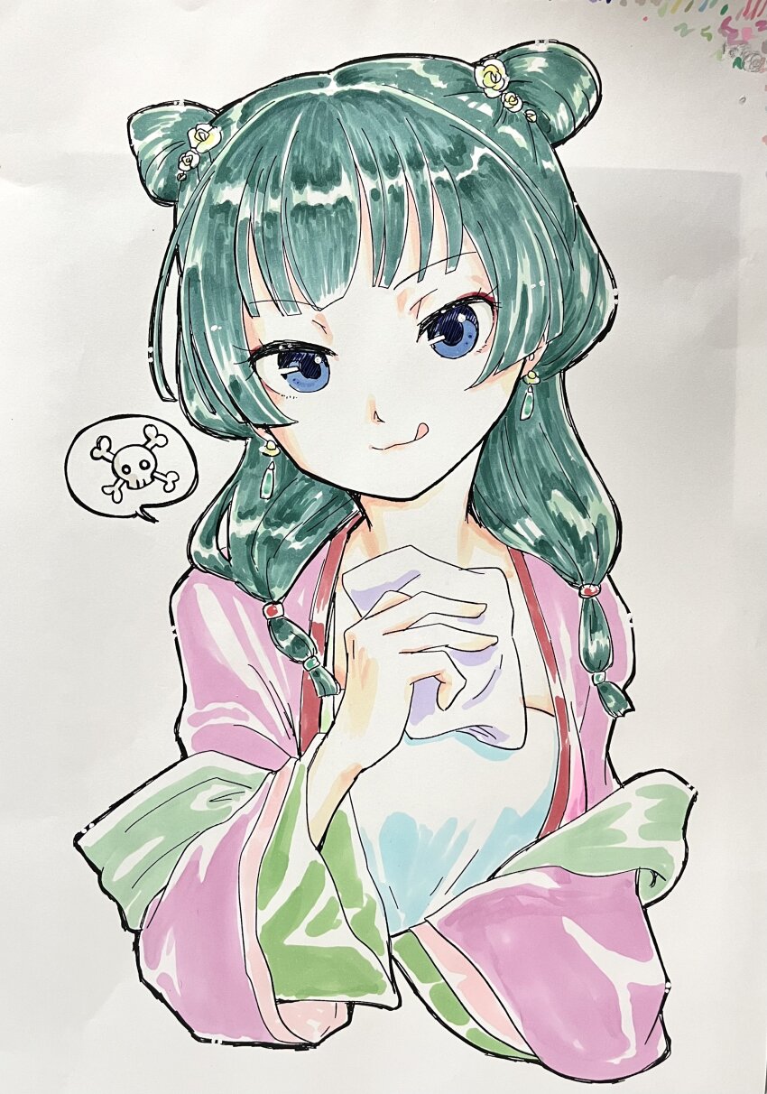 1girl absurdres blue_eyes chinese_clothes closed_mouth cropped_torso double_bun flat_chest green_hair hair_bun handkerchief highres hmtnkrfiria holding holding_handkerchief kusuriya_no_hitorigoto licking_lips lips looking_at_viewer maomao_(kusuriya_no_hitorigoto) medium_hair pen_(medium) simple_background smile solo speech_bubble spoken_skull tongue tongue_out traditional_media white_background