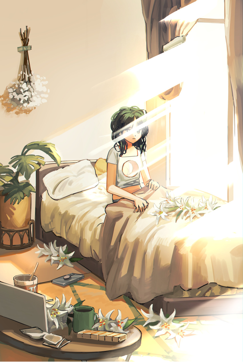 1girl absurdres bed bedroom coffee_mug coffee_table commentary commentary_request cup english_commentary expressionless fern flower green_eyes green_hair hanging_flower highres hole_in_chest hole_on_body indoors light_rays lily_(flower) long_hair looking_ahead messy_hair midriff mixed-language_commentary morning mug myango_(applemangocrape) original pillow plant potted_plant shirt short_sleeves sitting solo sunbeam sunlight table tape under_covers waking_up white_flower white_shirt wide_shot window