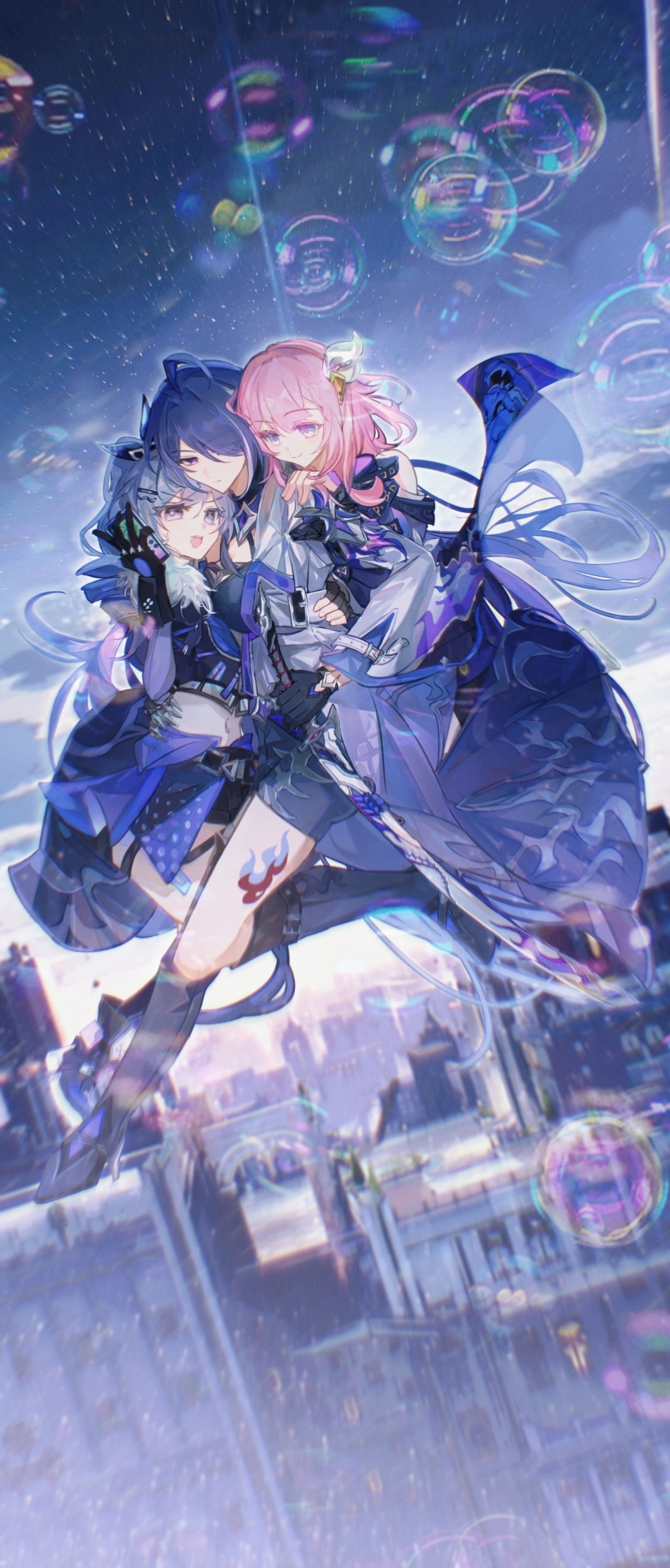 3girls absurdres acheron_(honkai:_star_rail) ahoge black_boots black_gloves black_shorts blue_eyes boots breasts building chinese_commentary cityscape coat commentary_request crop_top cyrene_(honkai:_star_rail) drill_hair fur-trimmed_jacket fur_trim gloves grey_eyes grey_hair hand_on_another&#039;s_shoulder highres holding holding_game_cartridge holding_sword holding_weapon honkai:_star_rail honkai_(series) jacket leg_tattoo long_hair medium_hair midair midriff multiple_girls navel open_mouth outdoors pink_hair purple_coat purple_eyes qieazhibingjiling rain shorts silver_wolf_(honkai:_star_rail) skyscraper smile sword tattoo very_long_hair weapon