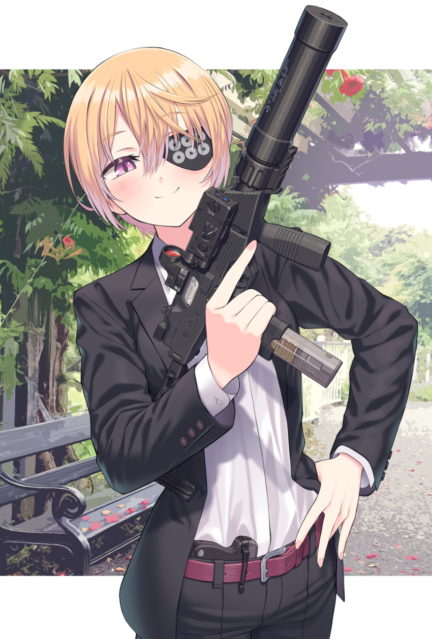 1girl b&amp;t_mp9 belt bench black_jacket black_pants blonde_hair blush border breasts commentary commentary_request concealed_weapon eyepatch flower gun hand_on_own_hip handgun highres holding holding_weapon jacket kirika_sanada_(samaru) laser_sight long_sleeves looking_at_object medium_breasts medium_hair nail_polish open_clothes open_jacket optical_sight original outdoors pants pink_nails pistol pocket_pistol purple_eyes red_belt red_flower samaru_(seiga) shirt shirt_tucked_in smile solo submachine_gun suppressor taurus_curve transparent trigger_discipline upper_body weapon white_border white_shirt
