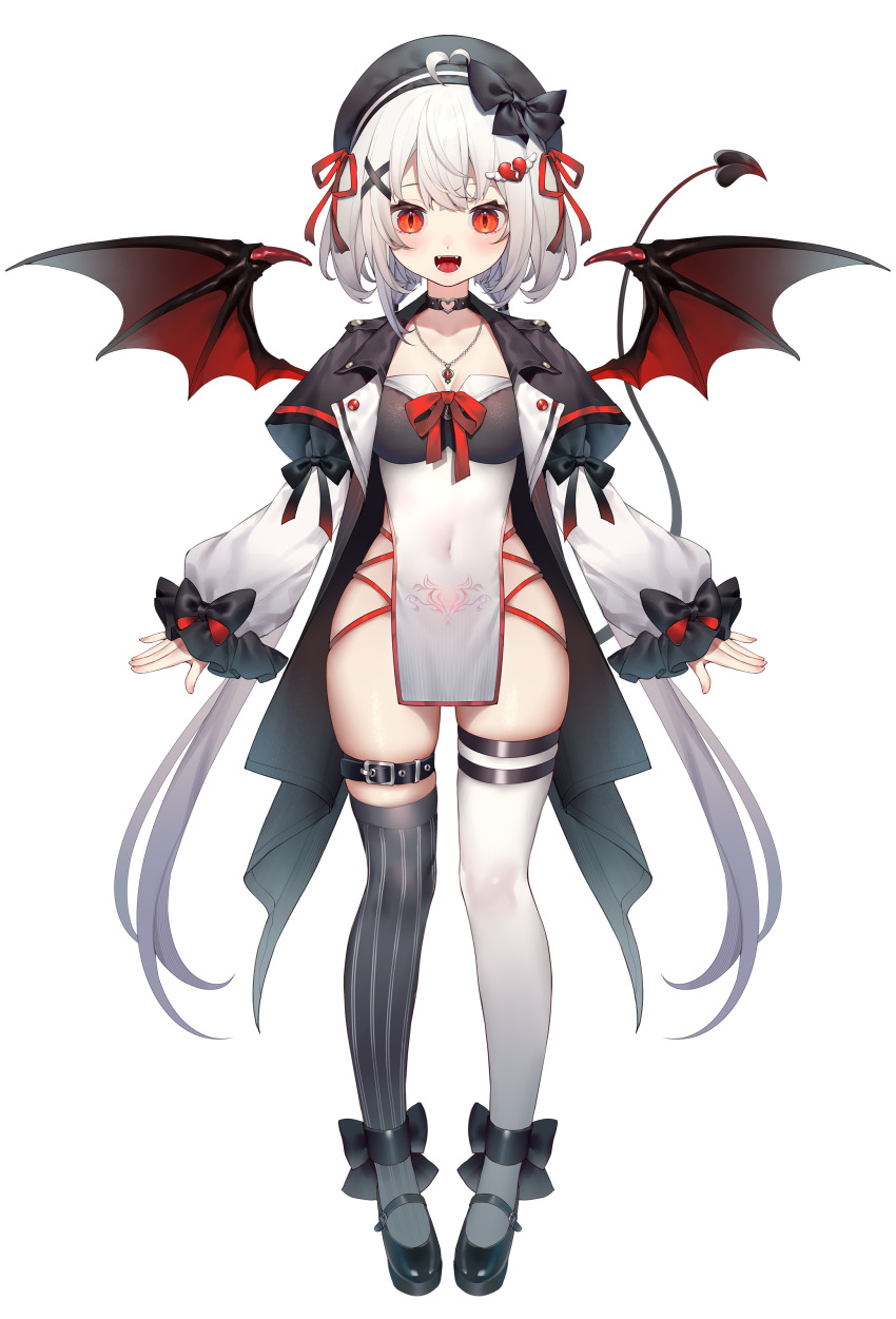 1girl :d absurdres ankle_bow ankle_ribbon asymmetrical_legwear belt beret black_belt black_bow black_choker black_coat black_hat black_shoes black_thighhighs black_wings bow bowtie breasts broken_heart broken_heart_hair_ornament choker cleavage coat covered_navel demon_girl demon_tail demon_wings dress fangs full_body hair_bow hair_ornament hair_ribbon hat heart heart_o-ring heart_ring_choker highres jewelry leg_ribbon long_hair long_sleeves looking_at_viewer low_twintails mary_janes medium_breasts mismatched_legwear moriyama_meiko necklace o-ring o-ring_choker official_art open_clothes open_coat open_mouth pelvic_curtain pinstripe_thighhighs pubic_tattoo_through_clothing puffy_long_sleeves puffy_sleeves red_bow red_bowtie red_eyes red_ribbon ribbon shoes short_dress skindentation smile solo standing stardust_project straight-on tachi-e tail teeth thigh_belt thigh_strap thighhighs tongue transparent_background twintails very_long_hair virtual_youtuber viry_(stardust_project) white_dress white_hair white_sleeves white_thighhighs wings x_hair_ornament