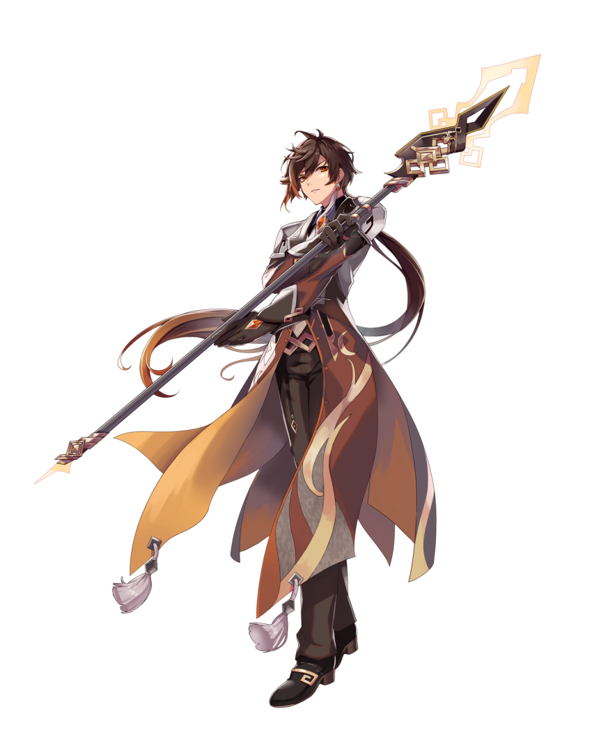 1boy black_footwear black_gloves black_pants closed_mouth coattails earrings formal_clothes full_body genshin_impact gloves hair_between_eyes highres holding holding_polearm holding_weapon jewelry long_hair long_sleeves male_focus necktie pants parted_lips polearm ponytail retsuna serious simple_background single_earring solo spear standing tassel tassel_earrings vortex_vanquisher_(genshin_impact) weapon white_background white_necktie yellow_eyes zhongli_(genshin_impact)