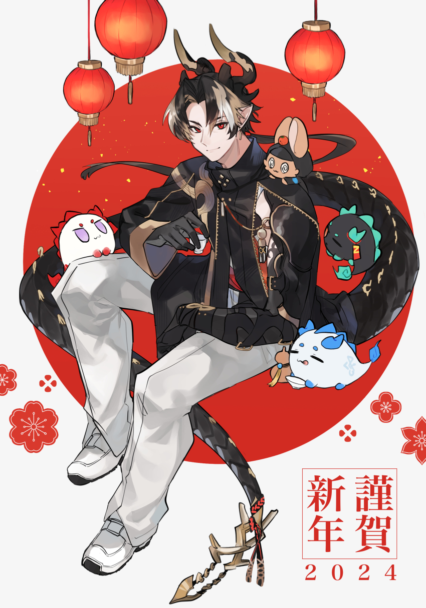 1boy 2024 absurdres animal animal_on_leg animal_on_shoulder arknights black_hair black_jacket brown_hair choko_(cup) chongyue_(arknights) choshanland_plushy_(arknights) colored_skin commentary_request cup doctor_(arknights) dragon_boy dragon_bubble_(arknights) dragon_horns dragon_tail dusk_(arknights) flower full_body highres holding holding_cup horns jacket ling_(arknights) long_sleeves looking_to_the_side male_focus multicolored_hair nian_(arknights) pants pointy_ears ponytail red_background red_eyes revision shirt shoes sleeveless sleeveless_shirt smile solo_focus streaked_hair tail two-tone_background white_background white_pants white_shirt white_shoes yakota_(usuk-yako)