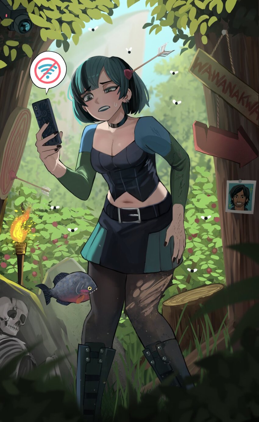 1girl belt black_nails black_pantyhose breasts bug cellphone chris_mclean cleavage commentary english_commentary fly forest goth_fashion green_lips green_skirt gwen_(total_drama) highres holding holding_phone insect jourd4n medium_breasts midriff multicolored_hair nature navel pantyhose phone piranha skeleton skirt streaked_hair torch total_drama