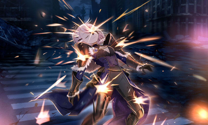 1girl armored_boots artist_request black_boots black_capelet black_gloves black_mask black_pants black_shirt black_tiara blue_coat boots bracer breasts building capelet cleavage cleavage_cutout closed_eyes closed_mouth clothing_cutout cloud coat coattails collared_shirt corset crosswalk diamond_cutout embers feet_out_of_frame firing fur-trimmed_capelet fur_trim game_cg gloves grey_brooch half_mask high-waist_pants izumi_kanagi izumi_kanagi_(tokoyami_ver.) leaning_back long_sleeves magia_record:_mahou_shoujo_madoka_magica_gaiden mahou_shoujo_madoka_magica mask night night_sky official_art open_clothes open_coat outdoors pants purple_corset road ruins shirt short_hair sky smile solo street thigh_boots tiara white_hair