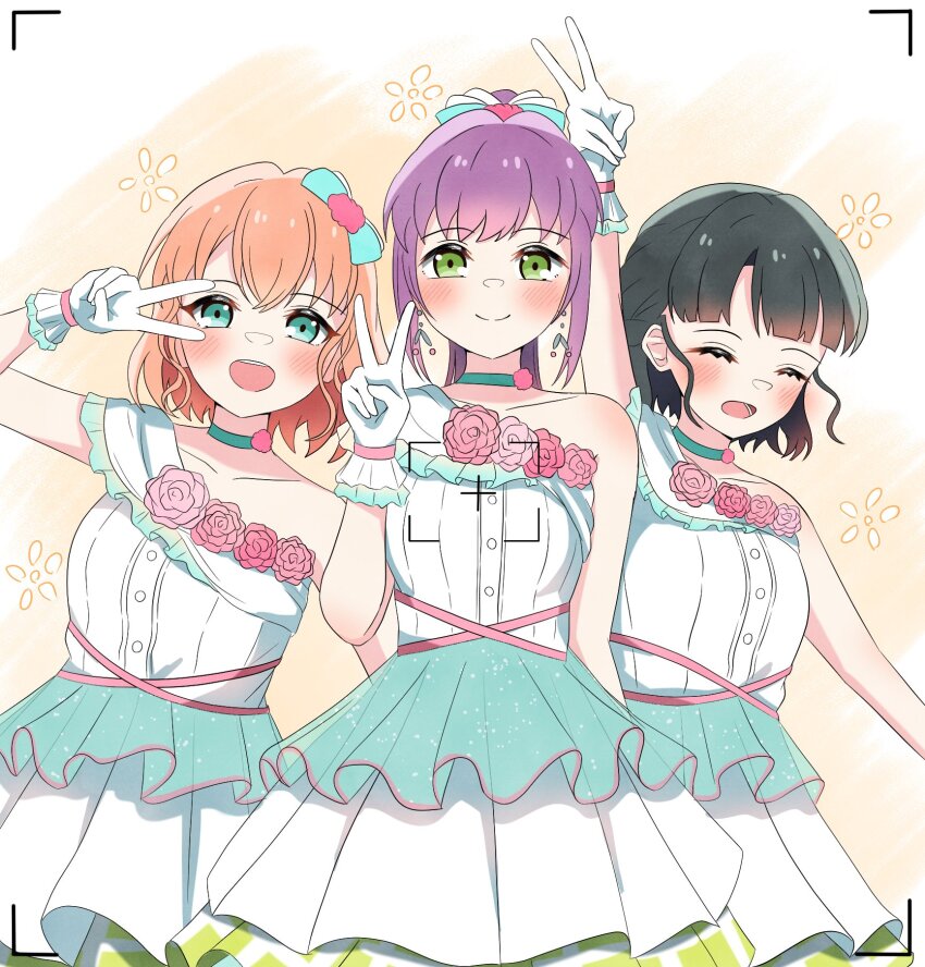 3girls 4th_live_dream_~bloom_the_dream_believers~ :d ^_^ aqua_choker aqua_eyes arm_up black_hair blue_bow blunt_bangs blush bow braid cerise_bouquet choker closed_eyes closed_mouth commentary cowboy_shot dress flower flower-trimmed_dress flower_choker frilled_dress frills green_eyes hair_bow half_up_braid highres hinoshita_kaho katanashi_(ktnsh_popu) link!_like!_love_live! long_hair looking_at_viewer love_live! medium_hair momose_ginko multiple_girls open_mouth orange_hair otomune_kozue pink_flower pink_rose ponytail purple_hair rose short_hair sidelocks simple_background smile split_mouth straight-on v v_over_eye viewfinder virtual_youtuber white_dress yellow_background