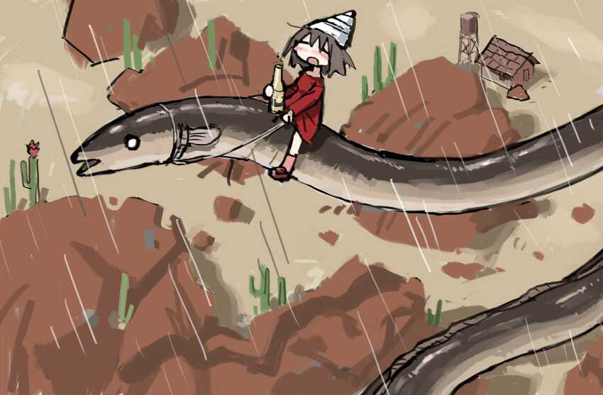 &quot;artist: &quot;copyright: 1girl bottle brown_hair cactus closed_eyes desert dress eel highres house open_mouth original red_dress red_socks riding rock shadow shoes short_hair socks tsukumizu_yuu water_tower