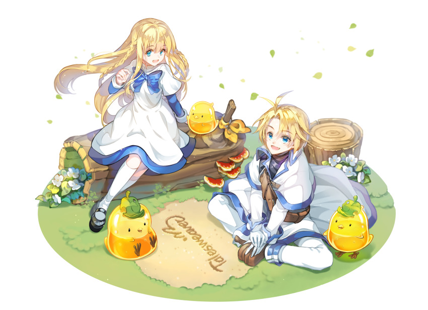 1boy 1girl antenna_hair black_shirt black_shoes blonde_hair blue_bow blue_dress blue_eyes blue_trim bow braid brown_shoes butterfly_sitting copyright_name dress dress_bow flower gloves highres jacket kneehighs layered_dress leaf log long_hair long_sleeves lucian_kaltz on_grass pants shirt shoes short_hair sian_(jred344) sitting sitting_on_log socks tales_weaver tichiel_juspian white_background white_dress white_flower white_gloves white_jacket white_pants white_socks