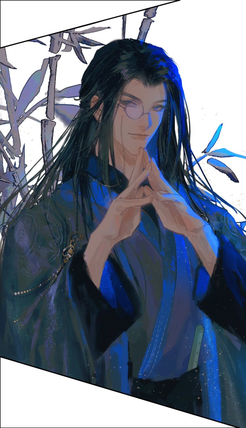 1boy bamboo blue_hanfu chinese_clothes flute gu_yun hanfu highres instrument keru233 long_hair long_sleeves looking_at_viewer male_focus mole mole_under_eye monochrome own_hands_together purple_eyes sha_po_lang smile solo upper_body white_background wide_sleeves