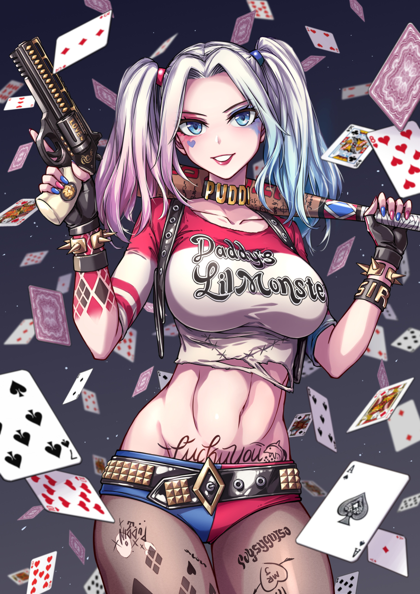 1girl absurdres ace_(playing_card) ace_of_diamonds ace_of_spades arm_tattoo baseball_bat belt blue_eyes bracelet card cowboy_shot dc_comics dc_extended_universe diamond_(shape) eight_of_hearts fingerless_gloves fish.boy five_of_spades four_of_hearts gloves gun handgun harley_quinn heart heart_tattoo highres holding holding_baseball_bat holding_gun holding_weapon jewelry king_(playing_card) king_of_clubs leg_tattoo multicolored_hair navel nine_of_hearts pantyhose playing_card queen_(playing_card) queen_of_hearts_(playing_card) revolver seven_of_spades shirt smile solo spade_(shape) stomach_tattoo suicide_squad tattoo ten_of_hearts three_of_diamonds three_of_hearts torn_clothes torn_pantyhose torn_shirt twintails two_of_diamonds weapon