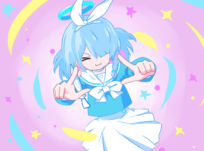 1girl 32zzz arona_(blue_archive) blue_archive blue_hair blue_halo blue_shirt colored_inner_hair cure_milky hair_over_one_eye halo highres long_hair multicolored_hair pink_hair pout precure sailor_collar shirt skirt solo star_twinkle_precure white_sailor_collar white_skirt