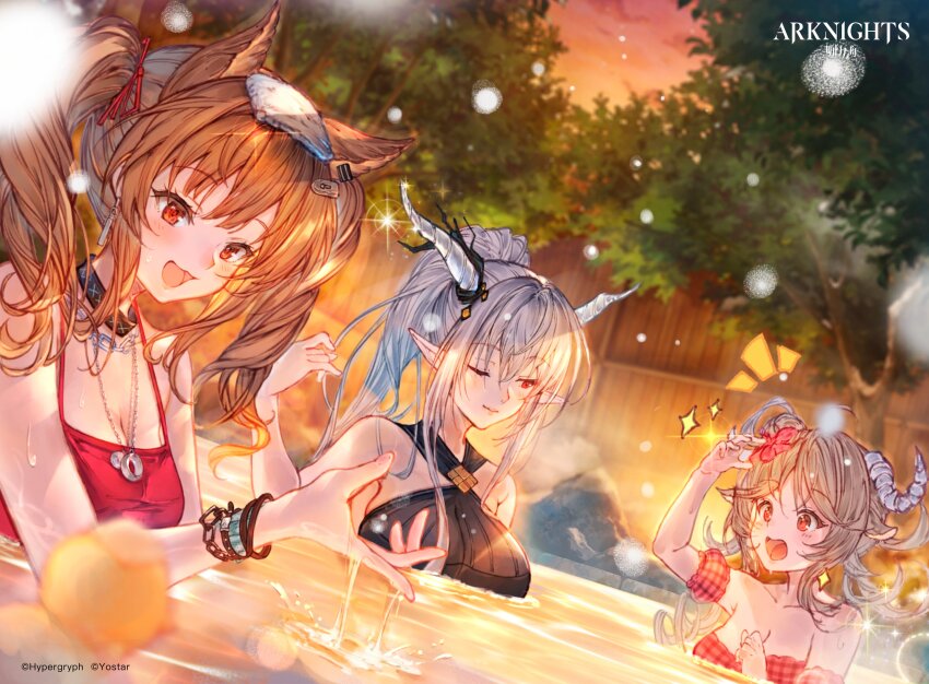 3girls absurdres angelina_(arknights) angelina_(summer_flower)_(arknights) animal_ears arknights bikini black_collar black_one-piece_swimsuit breasts casual_one-piece_swimsuit collar copyright_name demon_horns earpiece eyjafjalla_(arknights) eyjafjalla_(summer_flower)_(arknights) flower fox_ears fox_girl goat_ears goat_horns hair_flower hair_ornament hibiscus highres horns infection_monitor_(arknights) multiple_girls niii off-shoulder_bikini off_shoulder official_alternate_costume one-piece_swimsuit onsen pink_bikini pink_flower plaid_bikini plaid_clothes pointy_ears red_one-piece_swimsuit red_ribbon ribbon same-sex_bathing shared_bathing sheep sheep_ears sheep_girl sheep_horns shining_(arknights) shining_(silent_night)_(arknights) swimsuit twintails