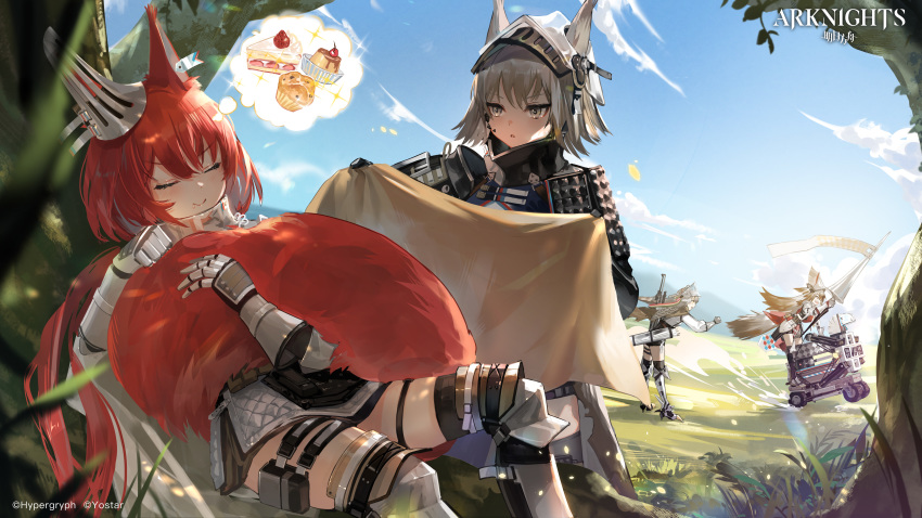 4girls absurdres animal_ears arknights armor ashlock_(arknights) black_shorts blanket cake cake_slice closed_eyes cloud cloudy_sky company_name copyright_name day ear_covers ear_tag ears_through_headwear fartooth_(arknights) feather_hair flametail_(arknights) food gauntlets grey_hair highres holding holding_blanket holding_polearm holding_weapon horse_ears horse_girl horse_tail hugging_own_tail hugging_tail justice_knight_(arknights) lance long_hair material_growth muffin multiple_girls nima_(niru54) oripathy_lesion_(arknights) outdoors polearm ponytail pudding red_hair robot short_hair shorts sitting sky smile speech_bubble squirrel_ears squirrel_girl squirrel_tail tail thought_bubble visor_cap weapon wild_mane_(arknights) yellow_eyes