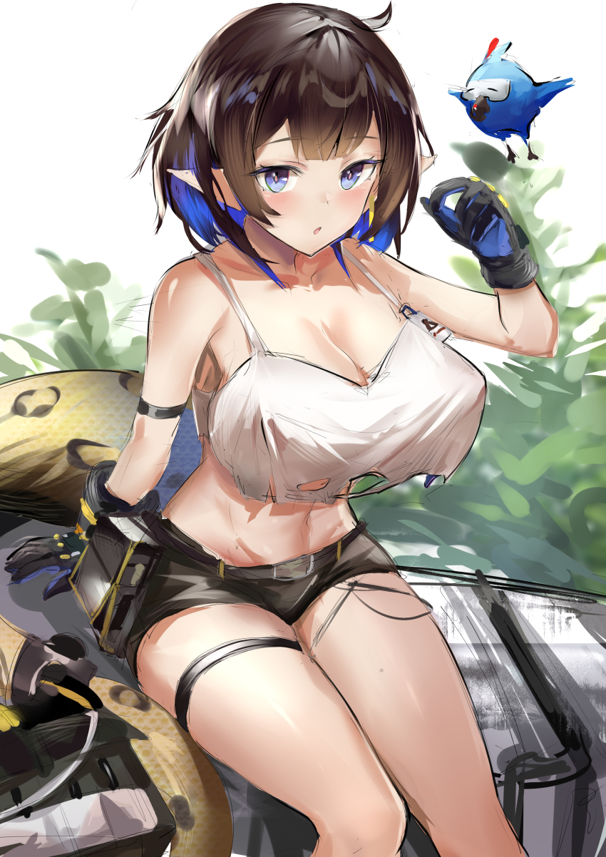 1girl :o absurdres anaconda arknights arm_strap bandeau bare_legs bare_shoulders belt_pouch bird black_hair black_shorts blue_eyes blunt_bangs blush breasts cleavage collarbone colored_inner_hair commentary covered_erect_nipples crocodilian_tail crop_top crop_top_overhang curvy ear_piercing english_commentary eunectes_(arknights) eunectes_(forgemaster)_(arknights) feet_out_of_frame foliage gloves groin hand_up high_priest_(arknights) highres huge_breasts id_card large_breasts linea_alba looking_at_viewer medium_hair midriff multicolored_hair navel official_alternate_costume open_mouth perky_breasts piercing pink_pupils pointy_ears pouch qianshui_baodan revealing_clothes shirt short_shorts shorts sitting sketch snake_tail solo tail tank_top thigh_strap thighs torn_clothes tsurime two-tone_hair upturned_eyes white_shirt