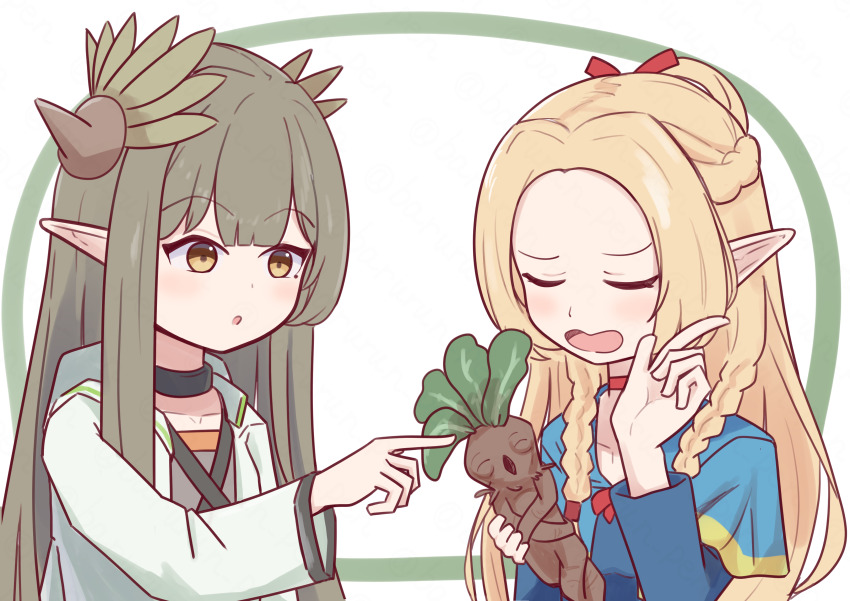 2girls :o absurdres arknights barurun_pen black_collar blonde_hair blush braid brown_hair choker closed_eyes collar collarbone commentary dungeon_meshi elf highres holding holding_plant long_sleeves mandragora marcille_donato mole mole_under_eye muelsyse_(arknights) multiple_girls open_mouth parted_lips plant pointy_ears red_choker twin_braids upper_body white_background yellow_eyes