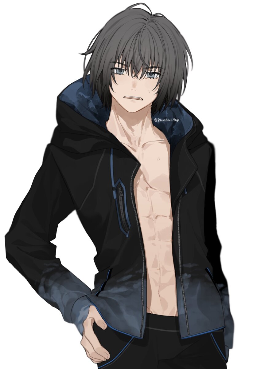 1boy abs black_hair black_jacket black_pants blue_eyes drawstring fate/grand_order fate_(series) hair_between_eyes highres hood hood_down hooded_jacket jacket male_focus oberon_(fate) oberon_(moody_summer_oberon)_(fate) oberon_(third_ascension)_(fate) open_clothes open_jacket pants pectoral_cleavage pectorals romo827 short_hair simple_background solo striped_male_swimwear toned toned_male twitter_username white_background