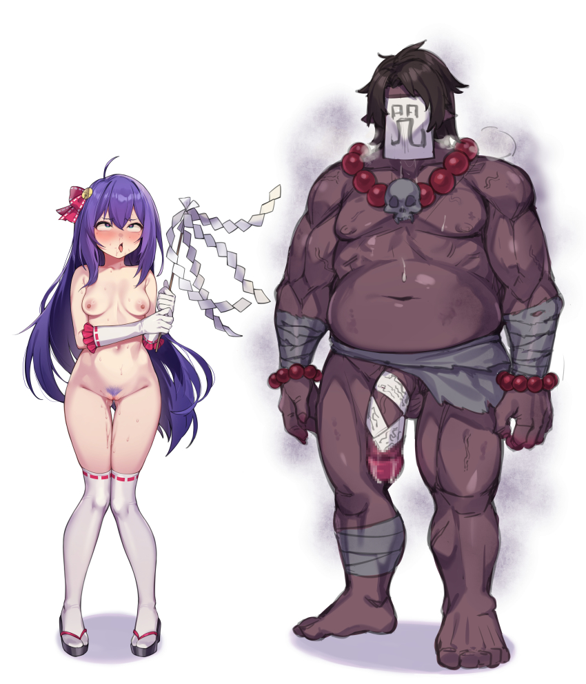 1boy 1girl :o absurdres ahegao ahoge barefoot bead_bracelet bead_necklace beads blush bracelet brown_hair censored covered_face fat fat_man female_pubic_hair full_body highres idolmaster idolmaster_million_live! japanese_clothes jewelry long_hair miko mochizuki_anna mosaic_censoring muscular muscular_male navel necklace nipples nude penis pointy_ears pubic_hair purple_hair shennai_misha standing
