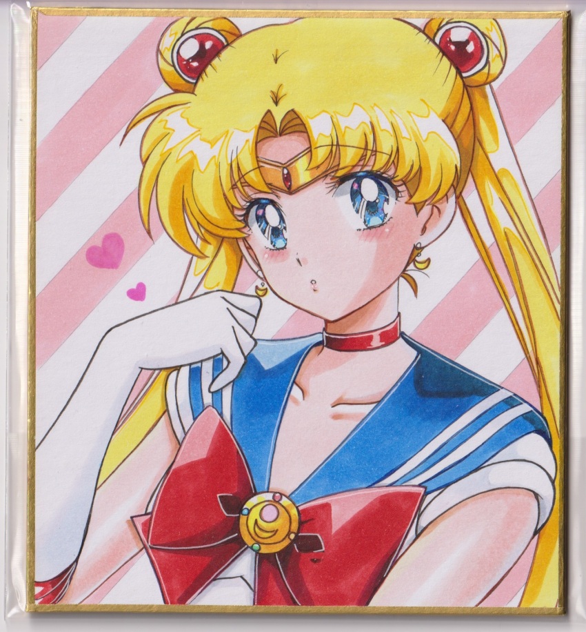 1girl bishoujo_senshi_sailor_moon blonde_hair blue_eyes blue_sailor_collar choker circlet collarbone commentary crescent crescent_earrings double_bun earrings elbow_gloves flower_earrings gloves hair_bun hair_ornament heart highres jewelry long_hair looking_at_viewer magical_girl red_choker sailor_collar sailor_moon sailor_senshi_uniform skirt smile solo traditional_media tsukino_usagi twintails user_kztc4472 white_gloves