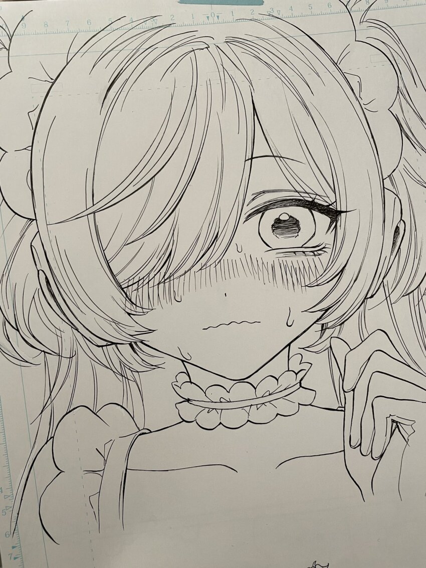 1girl akiyama_enma blush closed_mouth collarbone greyscale hair_over_one_eye highres long_hair looking_at_viewer maid manuscript_paper meruru_(ningen_maid_robot_meruru) monochrome ningen_maid_robot_meruru nose_blush one_eye_closed photo_(medium) solo traditional_media two_side_up unfinished wavy_mouth
