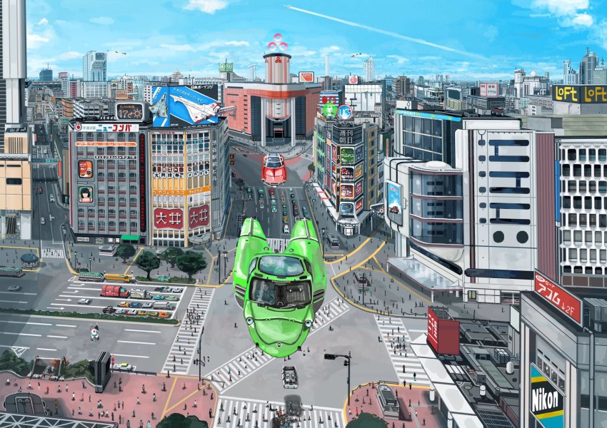blue_sky box_truck building bus car cityscape cloud crosswalk day flying_car hai_to_hickory highres motor_vehicle original real_world_location road scenery science_fiction shibuya_(tokyo) sidewalk sky skyscraper street tokyo_(city) traffic_light tree truck vehicle_focus