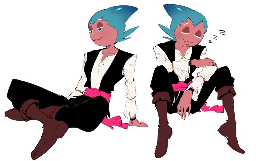 1boy aqua_eyes aqua_hair bandana bandana_around_waist bell_sleeves black_pants black_vest blue_eyes blue_hair brown_footwear cavalier_boots closed_eyes closed_mouth collarbone colored_skin cookie_run crossed_legs drooling elbow_on_leg elbow_on_thigh fangs fin full_body gradient_hair half-closed_eyes highres humanization indian_style lace-up_top long_sleeves looking_to_the_side male_focus mouth_drool multicolored_hair multiple_views on_floor open_mouth pants personification pink_bandana pink_sash pink_skin raised_eyebrow sash shark_boy shark_fin shirt short_hair sitting skin_fangs sleeping sorbet_shark_cookie two-tone_hair vest white_background white_shirt wristband zzz