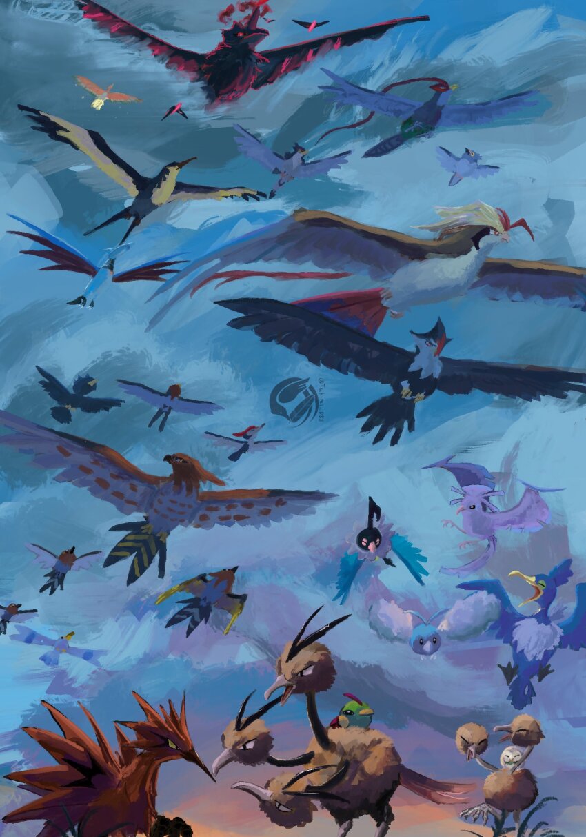 animal_focus beak bird bird_tail blue_sky chatot commentary corviknight cramorant crow dodrio doduo feathered_wings fletchinder fletchling flying galarian_form galarian_zapdos gen_1_pokemon gen_2_pokemon gen_3_pokemon gen_4_pokemon gen_5_pokemon gen_6_pokemon gen_7_pokemon gen_8_pokemon gigantamax gigantamax_corviknight highres ho-oh kilowattrel legendary_pokemon mega_pidgeot mega_pokemon murkrow natu nintendo no_humans oricorio oricorio_(sensu) owl pidgeot pidove pokemon pokemon_(creature) rowlet skarmory sky staraptor swablu tail taillow tranquill trumbeak tukimi_088 unfezant unfezant_(male) wings wingull