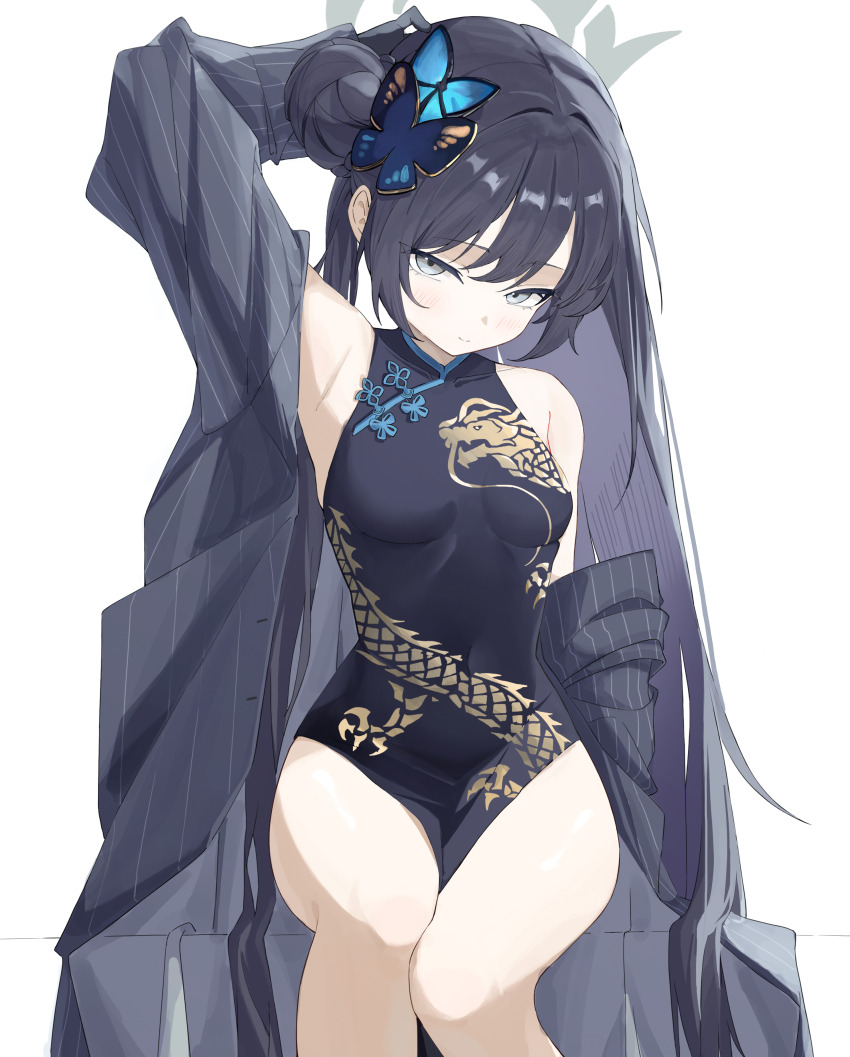 1girl absurdres alternate_hairstyle arm_behind_head arm_up armpits bare_shoulders black_coat black_dress black_hair blue_archive blush breasts butterfly_hair_ornament china_dress chinese_clothes coat covered_navel double_bun dragon_print dress dusk_ming grey_eyes grey_halo hair_bun hair_down hair_ornament halo highres invisible_chair kisaki_(blue_archive) long_hair looking_at_viewer off_shoulder open_clothes open_coat print_dress simple_background sitting solo striped_coat thighs tsurime untying_hair vertical-striped_coat very_long_hair white_background