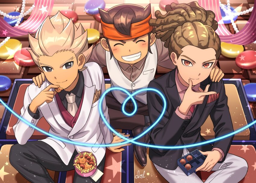 3boys black_footwear black_jacket black_pants black_shirt brown_hair brown_shirt chocolate closed_eyes collared_shirt dolustoy dreadlocks endou_mamoru formal_clothes gouenji_shuuya grey_eyes headband highres inazuma_eleven inazuma_eleven_(series) indian_style jacket kidou_yuuto long_hair male_focus multiple_boys necktie orange_headband pants pink_shirt pocket_square red_eyes red_necktie red_vest shirt sitting suit vest white_hair white_jacket white_necktie white_pants white_vest