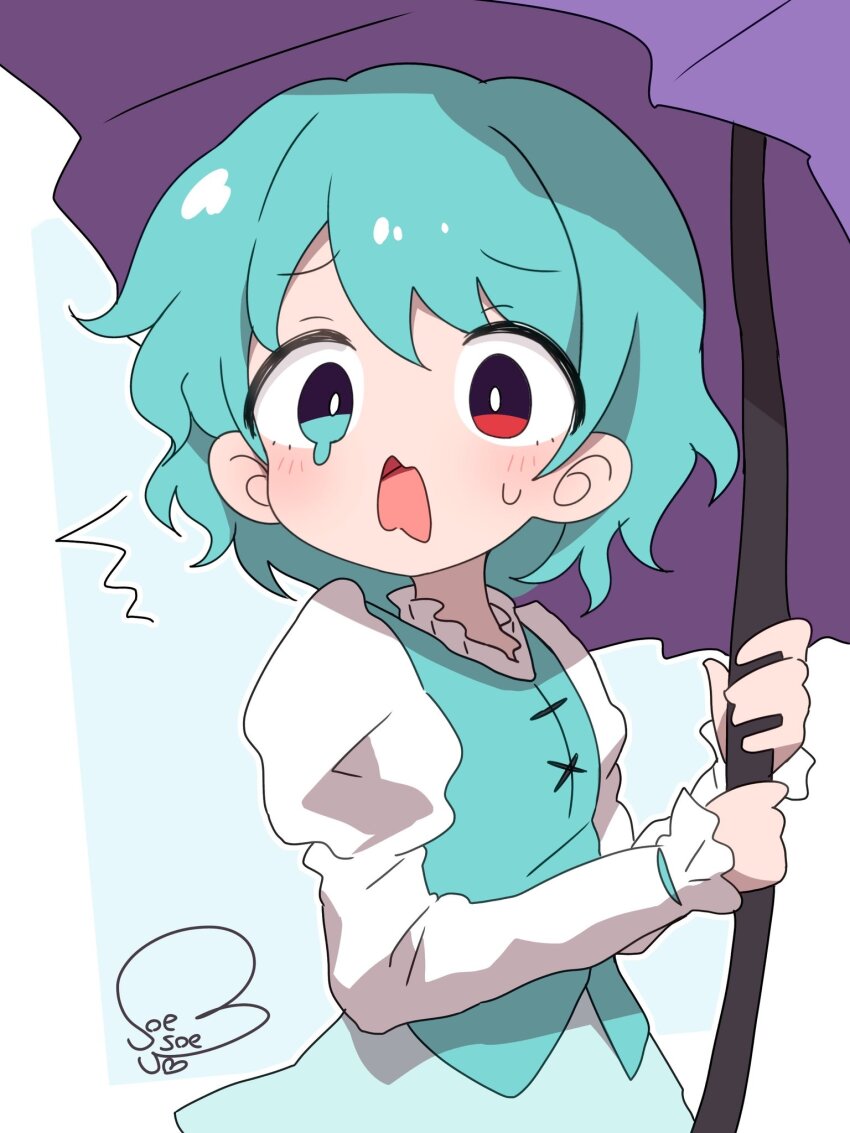 1girl blue_eyes blue_hair blue_skirt blue_vest heterochromia highres holding holding_umbrella juliet_sleeves long_sleeves puffy_sleeves purple_umbrella red_eyes shirt skirt soesoe300 sweatdrop tatara_kogasa tears touhou umbrella vest white_background white_shirt