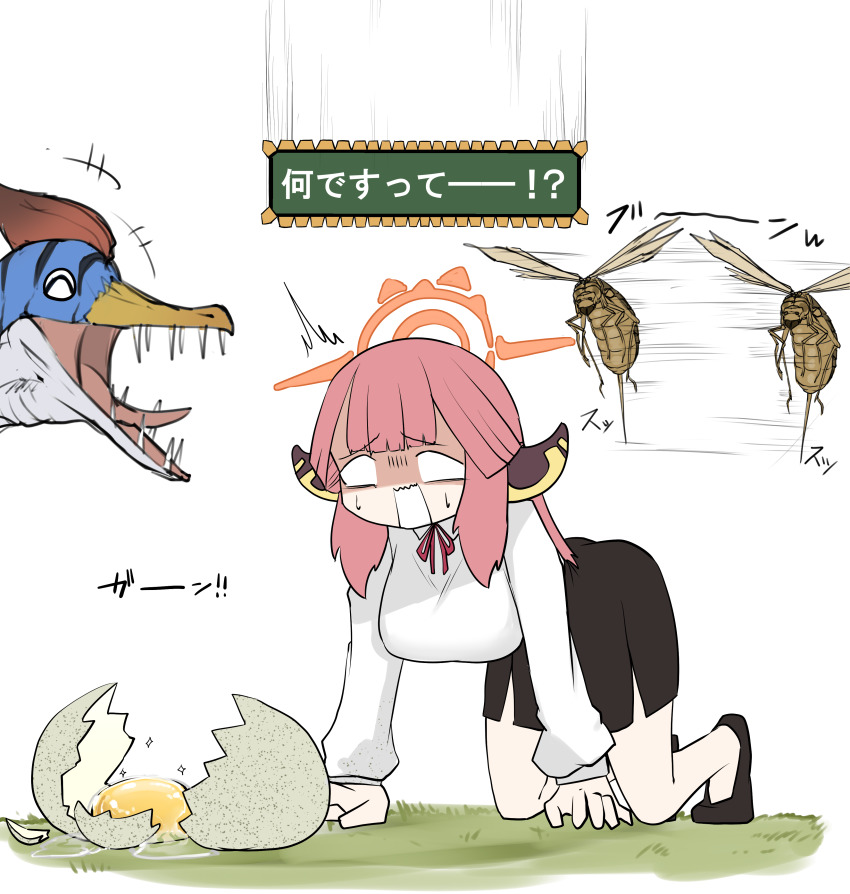 1girl absurdres all_fours aru_(blue_archive) blank_eyes blue_archive broken_egg bug collared_shirt crossover demon_horns dinosaur egg_yolk grass halo highres horns laughing monster_hunter_(series) nervous_sweating nubebenbe open_mouth orange_halo pink_hair sharp_teeth shirt skirt sound_effects stinger sweat teeth velocidrome vespoid white_shirt