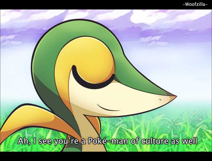 ah_i_see_you&#039;re_a_man_of_culture_as_well_(meme) arakawa_under_the_bridge closed_eyes closed_mouth cloud commentary english_commentary english_text field gen_5_pokemon letterboxed meme nintendo outdoors pokemon pokemon_(creature) signature smile snivy subtitled woofzilla
