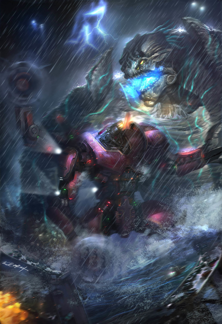 aircraft battle bioluminescence boat ch-53 circular_saw cloud cloudy_sky crimson_typhoon destruction embers epic explosion extra_arms extra_eyes fight fighting fire giant giant_monster glowing glowing_eyes glowing_mouth helicopter highres jaeger_(pacific_rim) junling kaiju leatherback legendary_pictures lightning mecha military military_vehicle monster night ocean outdoors overcast pacific_rim pan_pacific_defense_corps rain realistic robot saw science_fiction ship sky spotlight spray storm storm_cloud stormy_waters war water watercraft waves weapon yellow_eyes