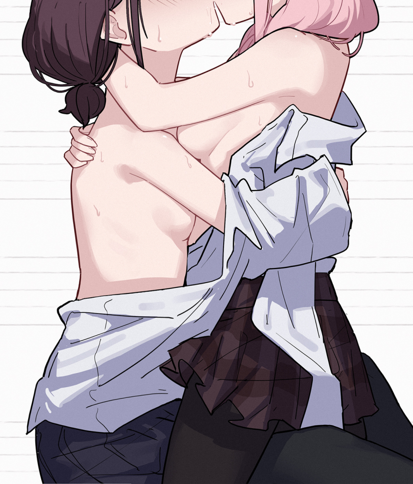 2girls black_pantyhose breasts brown_hair commentary girls_band_cry highres hina_(girls_band_cry) iseri_nina kiss long_hair multiple_girls pantyhose pink_hair pleated_skirt shirt sitting sitting_on_person skirt small_breasts topless_female white_shirt yun_cao_bing yuri