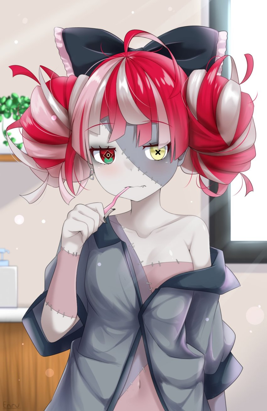 ahoge alternate_costume bare_shoulders bathroom black_bow blush bow brushing_teeth colored_skin double_bun enru fang green_eyes grey_hair grey_shirt grey_skin hair_bow hair_bun heterochromia highres hololive hololive_indonesia kureiji_ollie multicolored_eyes multicolored_hair navel off_shoulder pink_hair pink_skin red_eyes red_hair shirt solo stitched_arm stitched_face stitched_torso stitches symbol-shaped_pupils toothbrush toothbrush_in_mouth unbuttoned unbuttoned_shirt virtual_youtuber window yellow_eyes