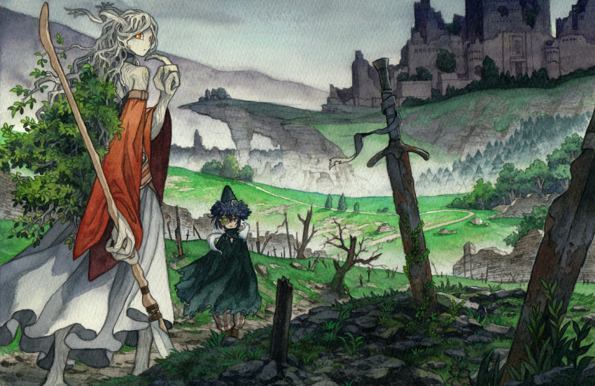 2girls black_hair cloak commentary_request dryad fantasy grass hat holding holding_polearm holding_spear holding_weapon long_hair monocle multiple_girls orange_eyes original pixiv_fantasia pixiv_fantasia_last_saga polearm ruins rust scenery short_hair sky-art spear sword traditional_media treant weapon wizard_hat