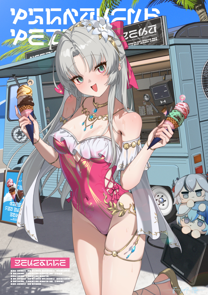 1girl ahoge aqua_eyes bare_shoulders blue_sky bow breasts carlotta_(splashing_summer)_(wuthering_waves) carlotta_(wuthering_waves) casual_one-piece_swimsuit commentary covered_navel cutout_above_navel day frilled_one-piece_swimsuit frills grey_hair hair_bow hashtag-only_commentary highleg highleg_one-piece_swimsuit highres holding holding_ice_cream_cone ice_cream_cone light_blush looking_at_viewer meda medium_breasts off-shoulder_one-piece_swimsuit off_shoulder official_alternate_costume one-piece_swimsuit open_mouth outdoors parted_bangs pink_bow pink_one-piece_swimsuit sidelocks sky smile solo striped_bow swimsuit thighs wuthering_waves