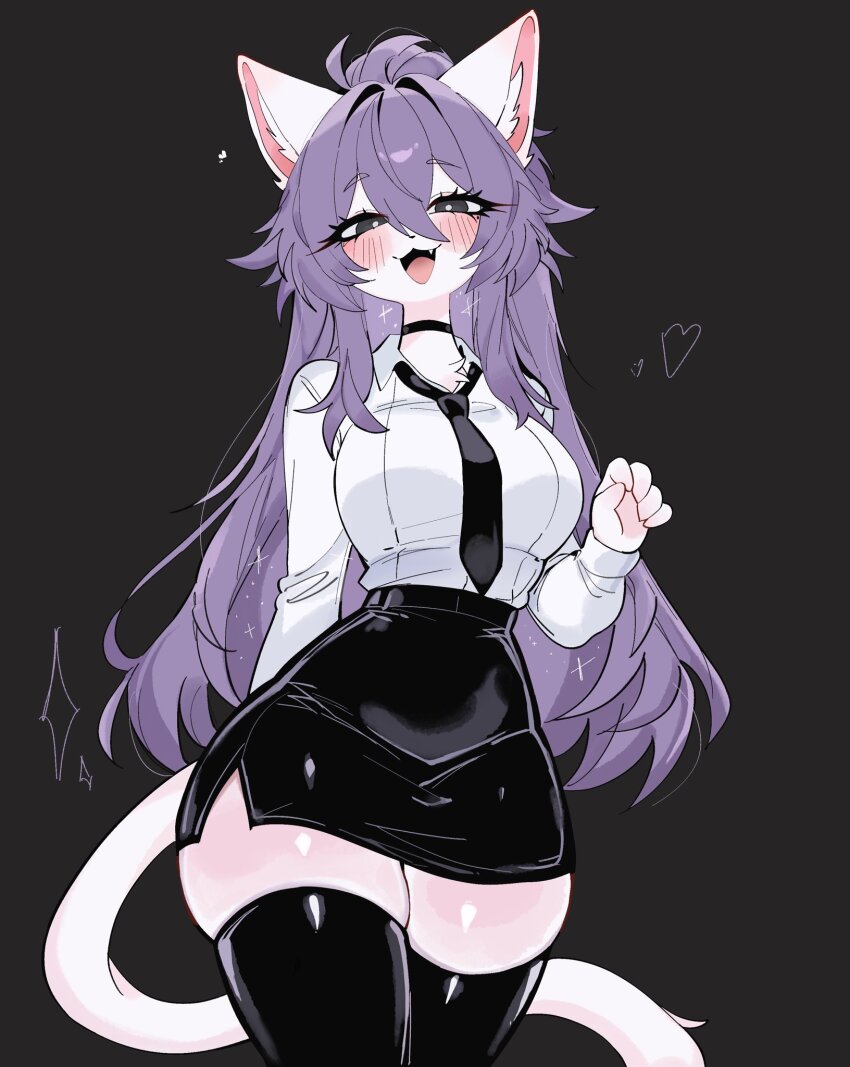1girl :3 animal_ear_fluff animal_ears black_choker black_eyes black_necktie black_skirt black_thighhighs blush breasts cat_ears cat_girl cat_tail choker commentary dark_background english_commentary fang furry furry_female hair_between_eyes heart highres long_hair long_sleeves looking_at_viewer narrow_waist necktie office_lady open_mouth original pu_ri_(puri3301) purple_hair shirt simple_background skindentation skirt smile solo tail thick_thighs thighhighs thighs very_long_hair white_shirt white_tail zettai_ryouiki