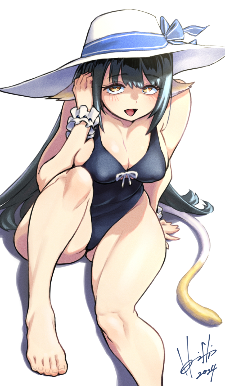 1girl :d animal_ears balcony bare_shoulders barefoot black_hair black_one-piece_swimsuit blush breasts cleavage commission covered_erect_nipples hat highres hori_shin long_hair looking_at_viewer one-piece_swimsuit open_mouth pixiv_commission sitting smile solo sun_hat swimsuit tail utawarerumono utawarerumono:_itsuwari_no_kamen yellow_eyes yuzuha_(utawarerumono)