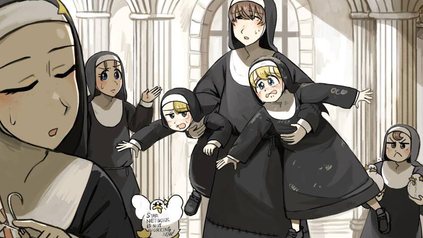 6+girls :&lt; bird black_shoes blonde_hair blue_eyes body_writing brown_eyes brown_hair carrying carrying_under_arm chicken closed_eyes clumsy_nun_(diva) commentary crying crying_with_eyes_open diva_(hyxpk) duck english_commentary eyelashes froggy_nun_(diva) highres little_nuns_(diva) multiple_girls nun shoes spicy_nun_(diva) star_nun_(diva) star_ornament tears traditional_nun yellow_eyes