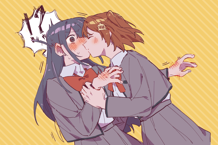 !? 2girls @_@ aijou_karen blush bow bowtie brown_hair collared_shirt covered_mouth cowboy_shot crown_hair_ornament curled_fingers diagonal-striped_background ear_blush grey_hair grey_jacket grey_skirt hand_blush highres holding_another&#039;s_wrist jacket kiss leaning_back leaning_forward long_hair motion_lines multiple_girls nervous_sweating nose_blush one_eye_covered one_side_up open_clothes open_jacket outstretched_arm parted_bangs parted_lips pleated_skirt red_bow red_bowtie rei931218 school_uniform seishou_music_academy_uniform shirt shirt_tucked_in short_hair shoujo_kageki_revue_starlight sidelocks skirt speech_bubble striped_background sweat trembling tsuyuzaki_mahiru white_shirt yellow_background yuri